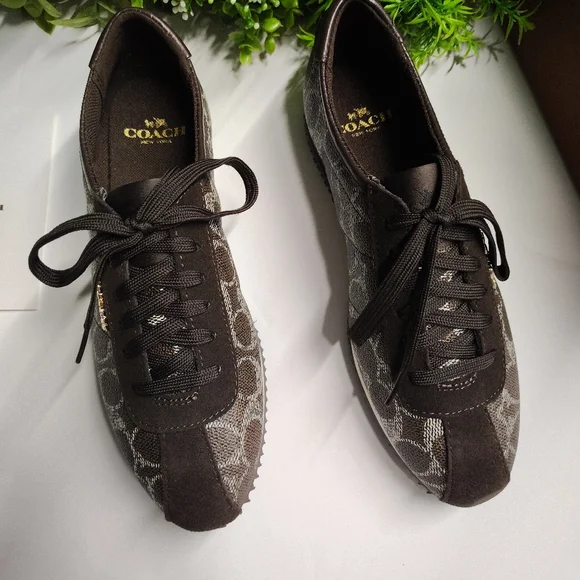 Coach Ivory Signature Monogram Sneakers | Black-Brown Chestnut Leather Trim - Picture 5 of 9